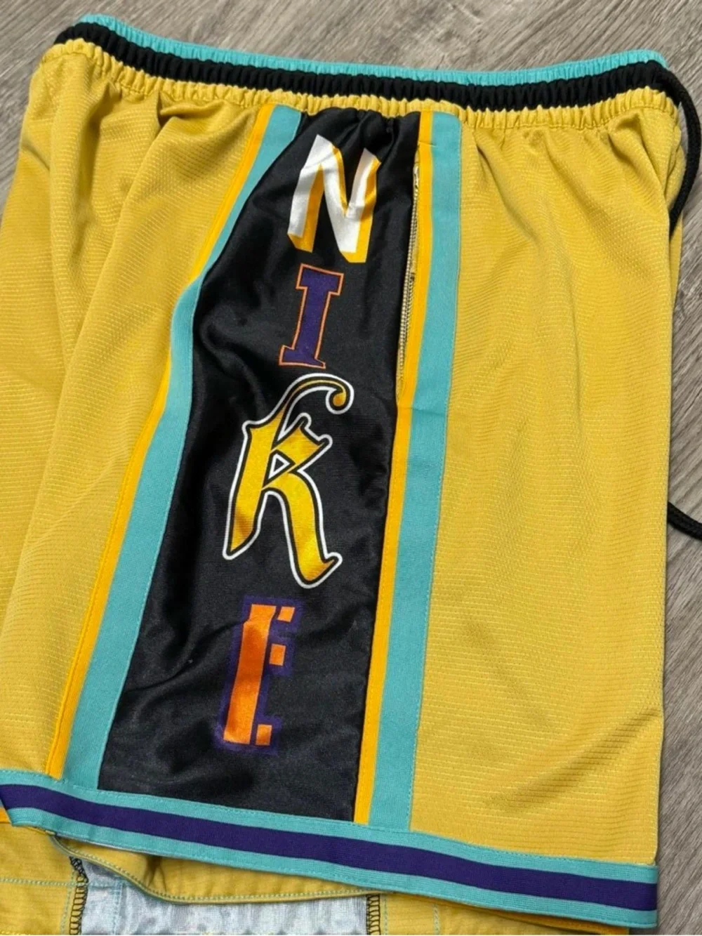 Nike Men’s Yellow Athletic Shorts with Black & Teal Trim - Picture 2 of 7